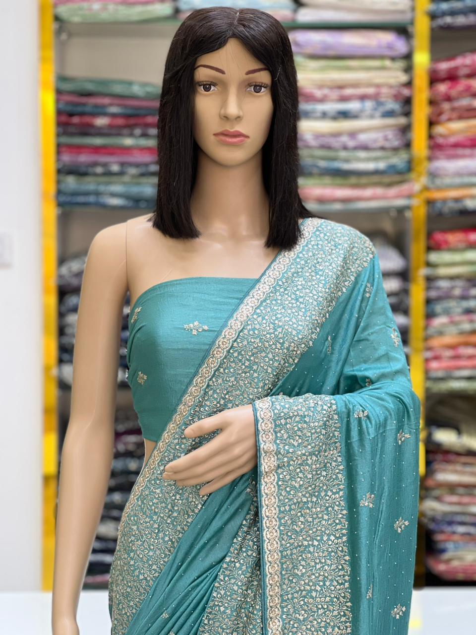 Elegant Vichitra Silk Saree with Silver Zari & Stone Work
