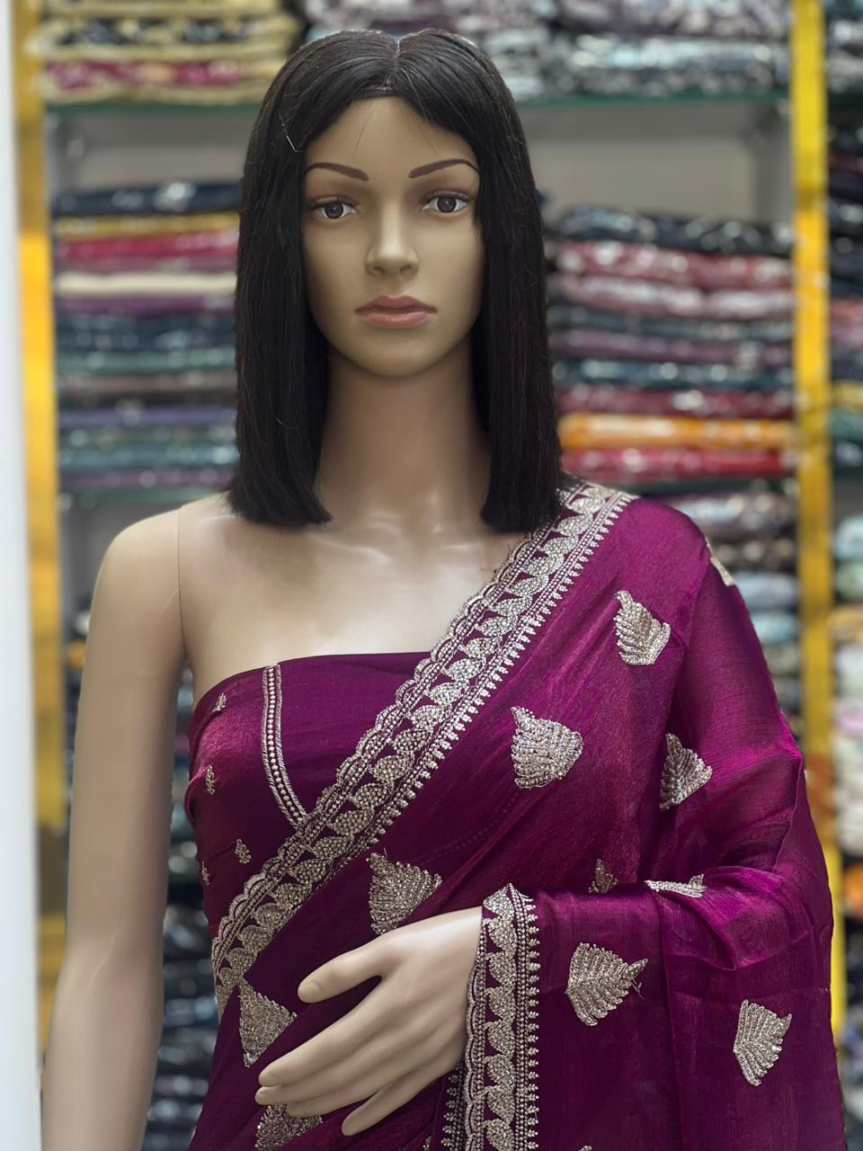 Elegant Wine Fandy Chiffon Saree with Zari Embroidery & Stone Work