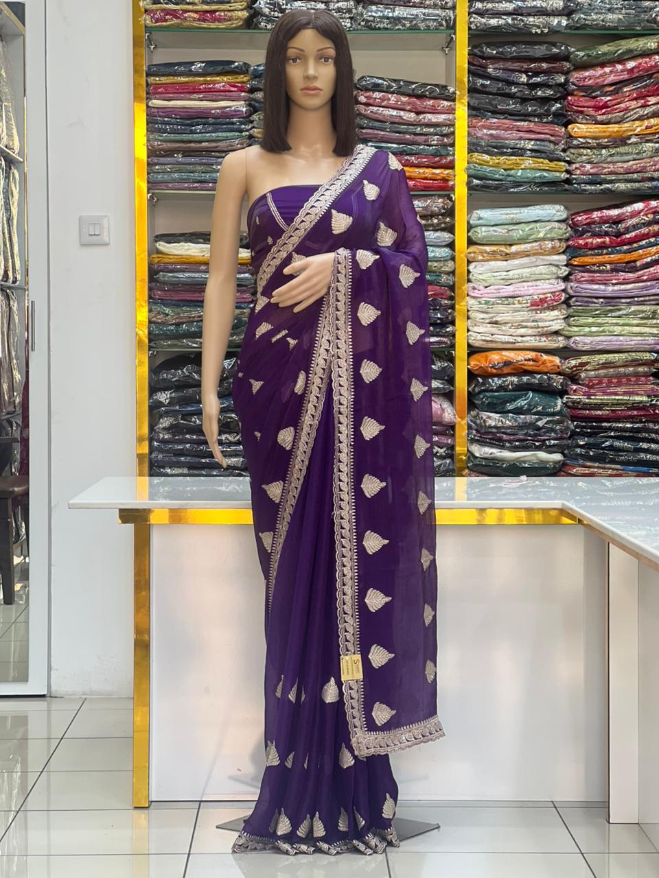 Royal Purple Fandy Chiffon Saree with Zari Embroidery & Stone Work