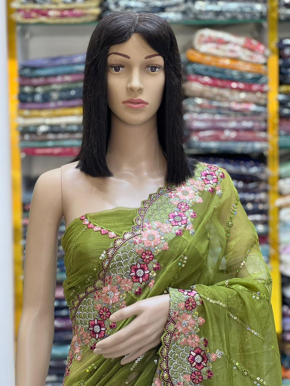 Olive Green Georgette Saree with Multicolor Floral Thread Embroidery & Sequin Work
