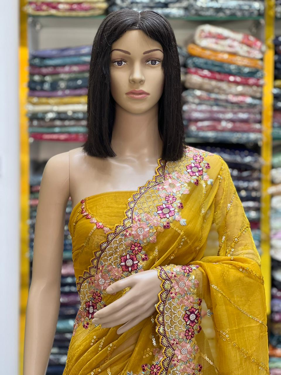 Mustard Yellow Georgette Saree with Multicolor Floral Thread Embroidery & Sequin Work