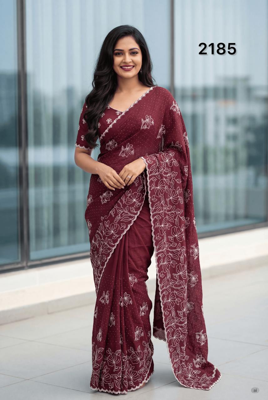 Elegant Maroon Chinon Embroidery Saree – Designer Floral Work