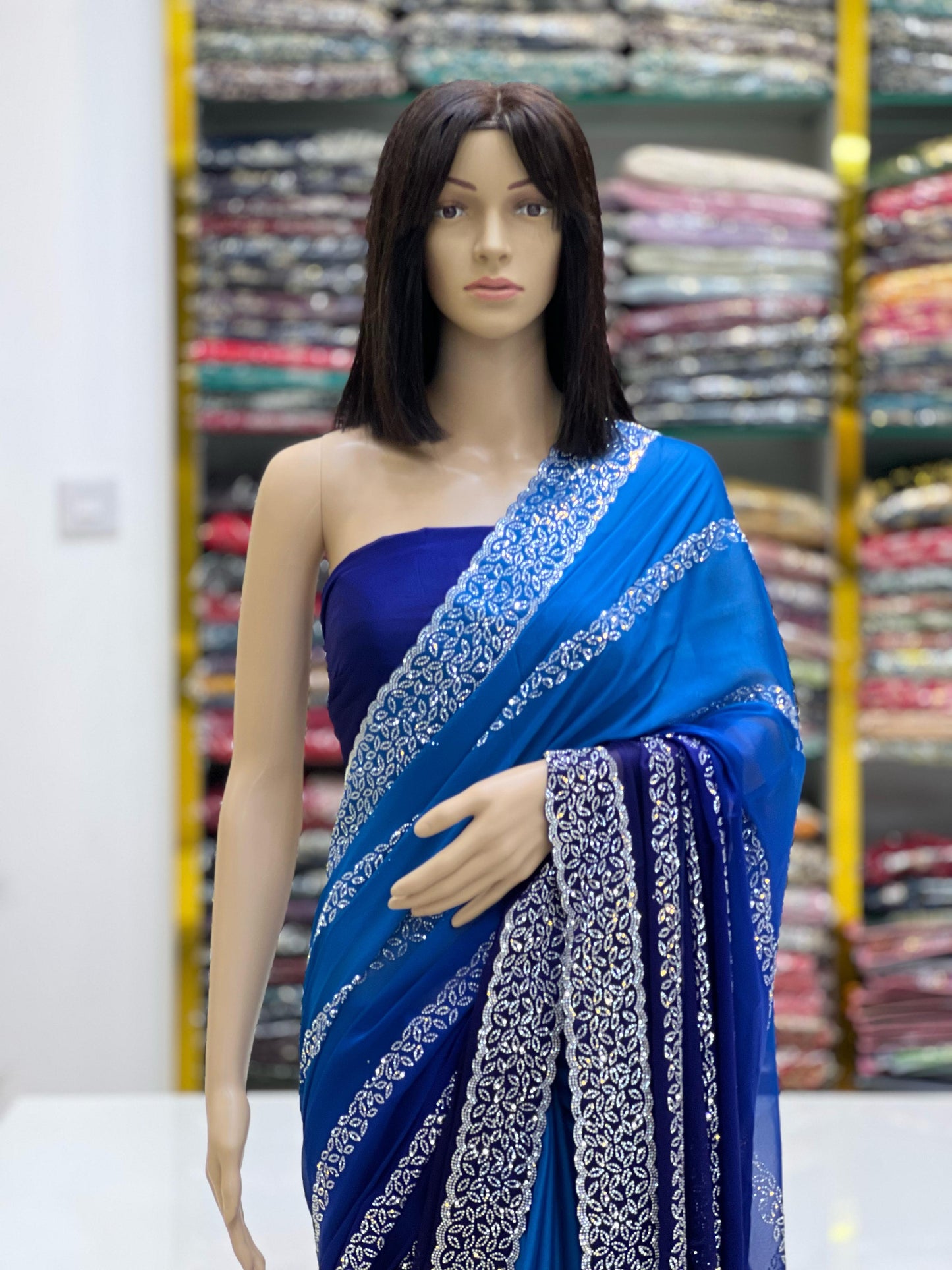 Royal Blue Ombre Rangoli Silk Saree with Silver Swarovski Border