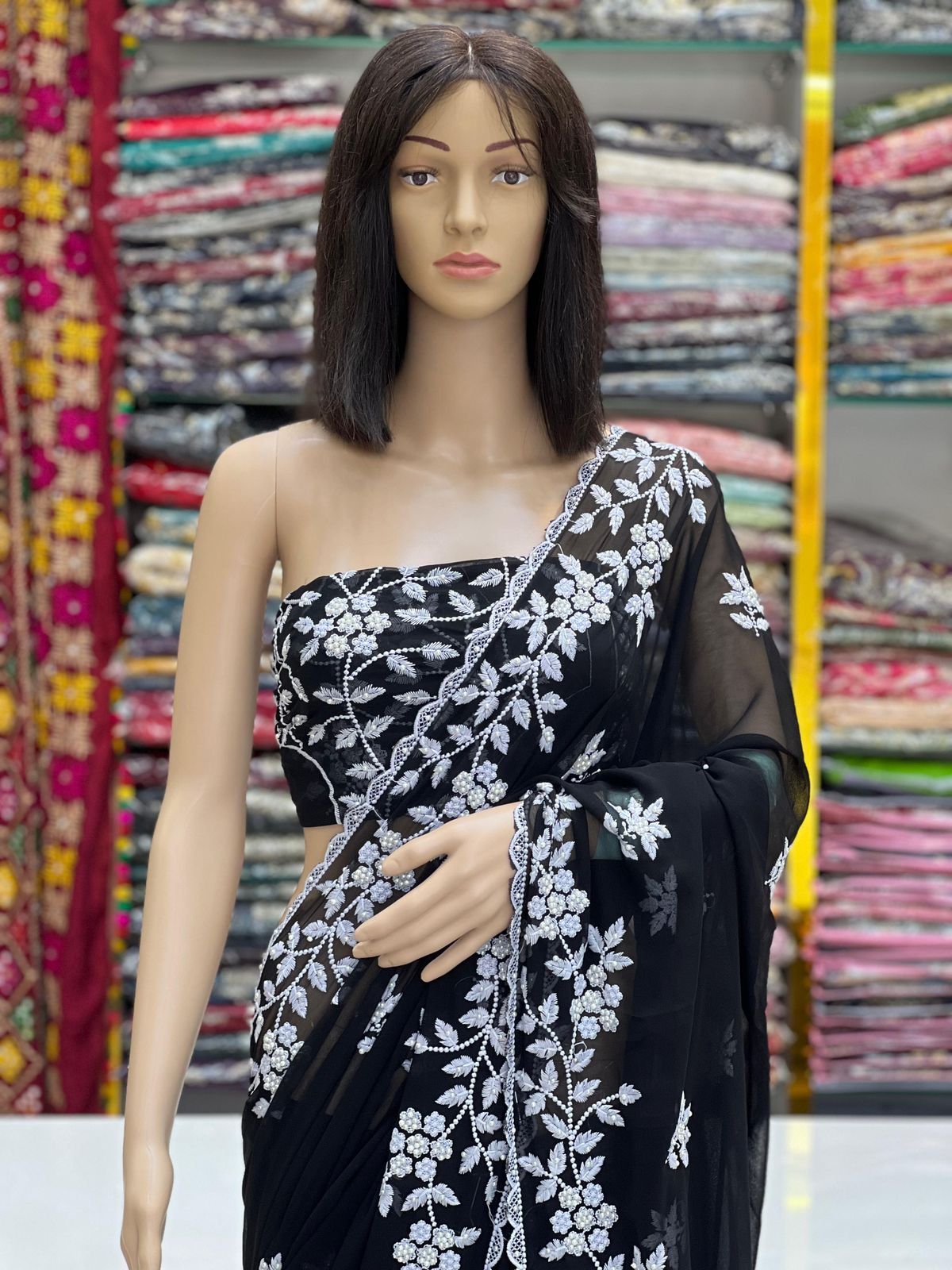 Elegant Black Georgette Saree with White Floral Thread Embroidery & Moti Work