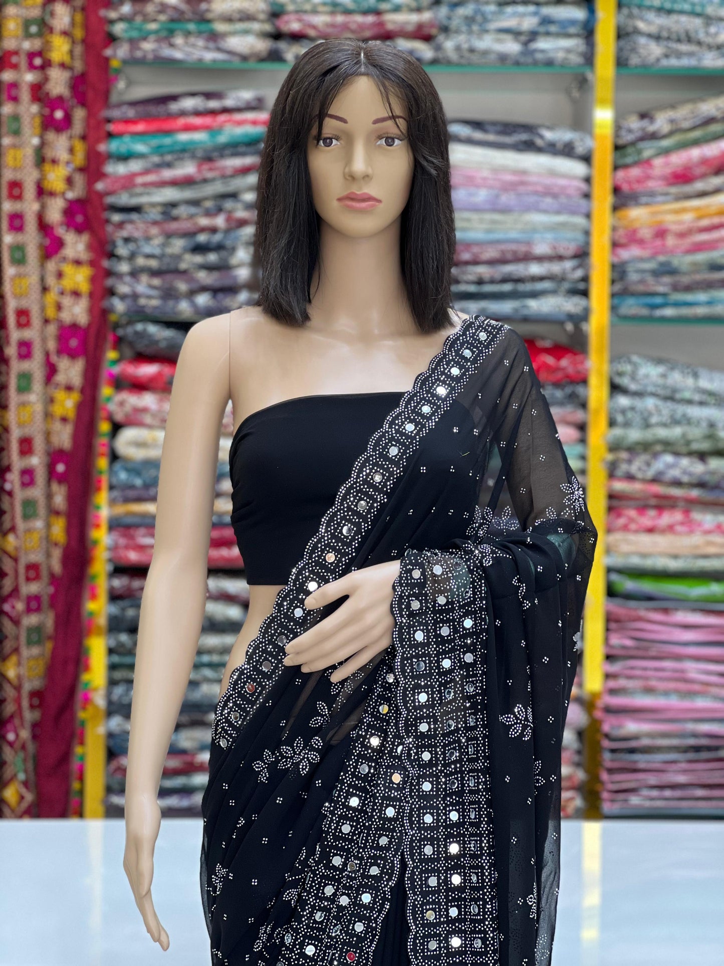 Elegant Pure Black Georgette Saree with Original Mirror & Swarovski Stone Work
