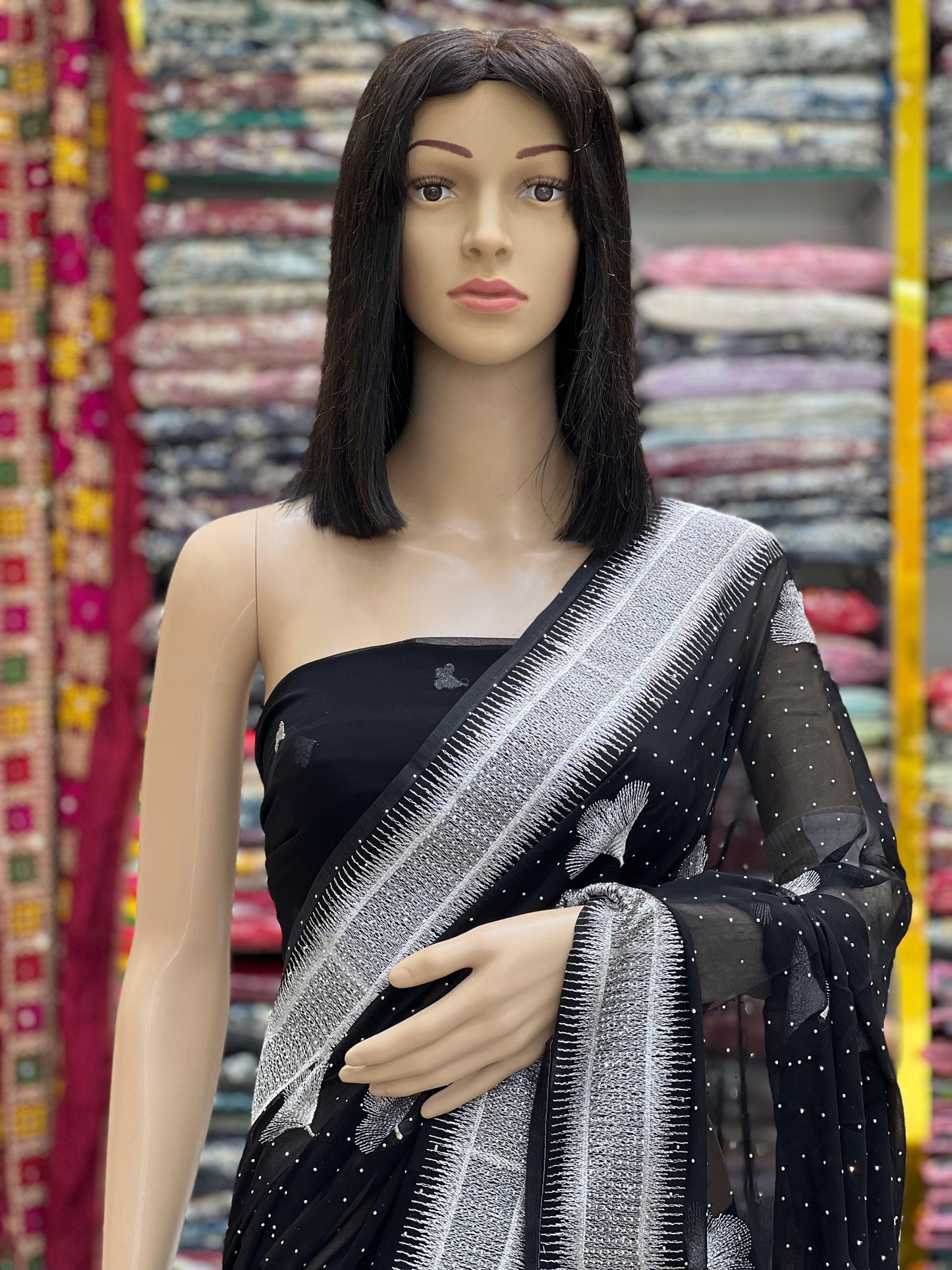 Black Georgette Saree with Silver Zari Border and Heart Motifs