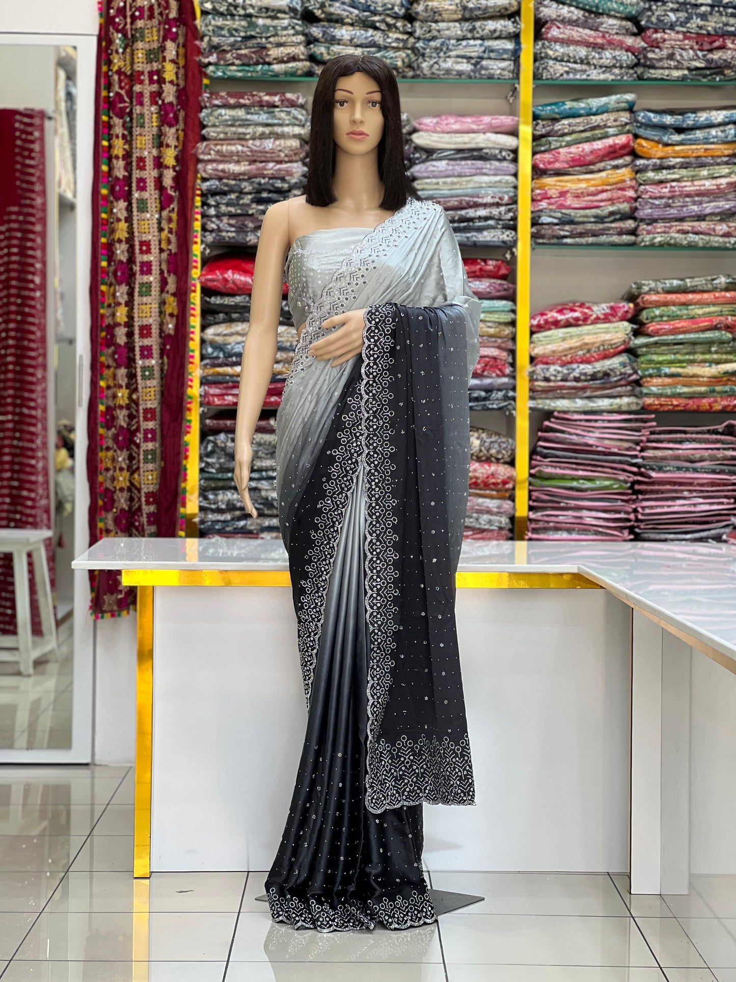 Sky Blue & Peacock Teal Gradient Saree with Designer Stone Border