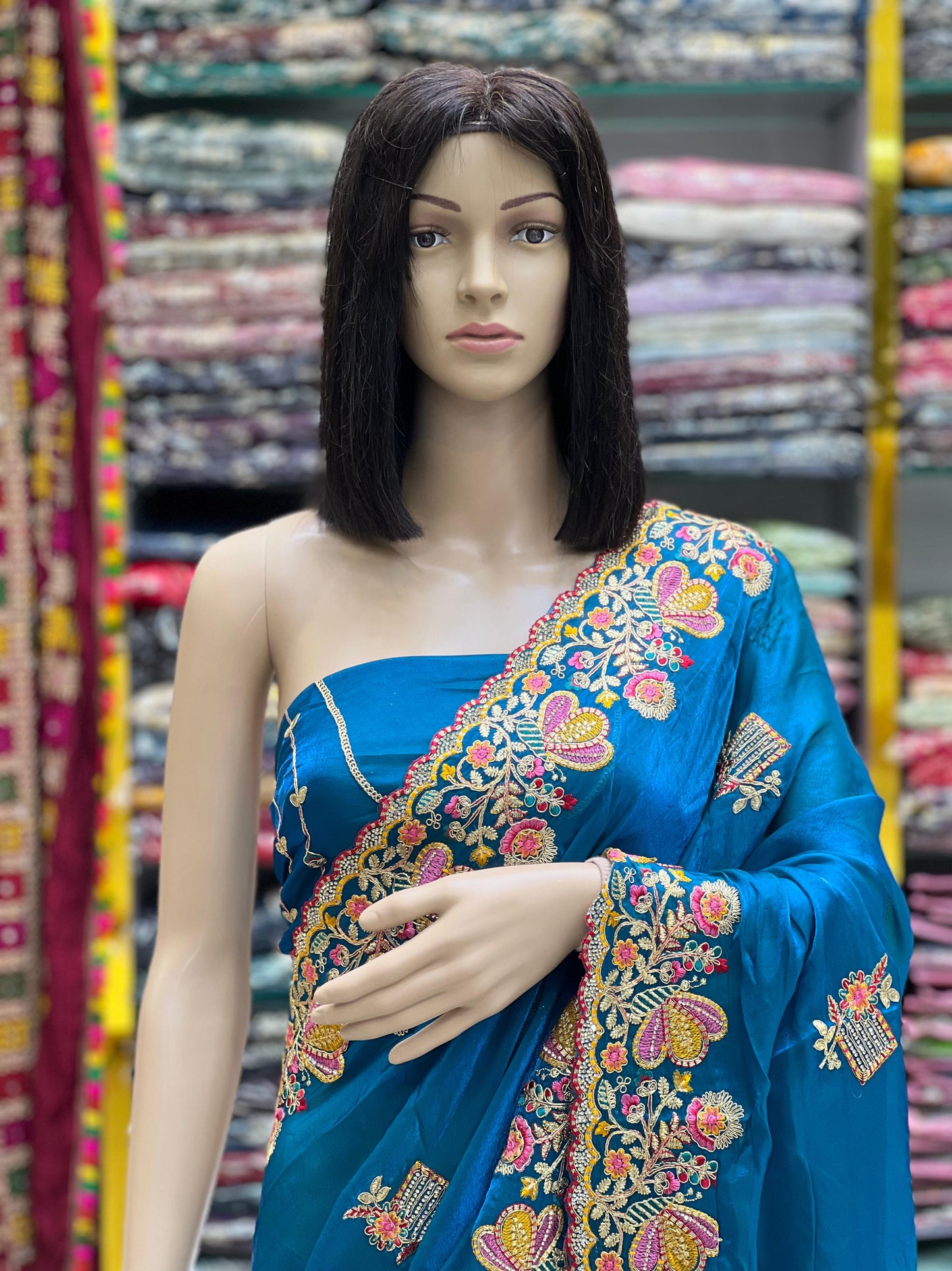 Royal Teal Space Silk Saree with Heavy Embroidery Border