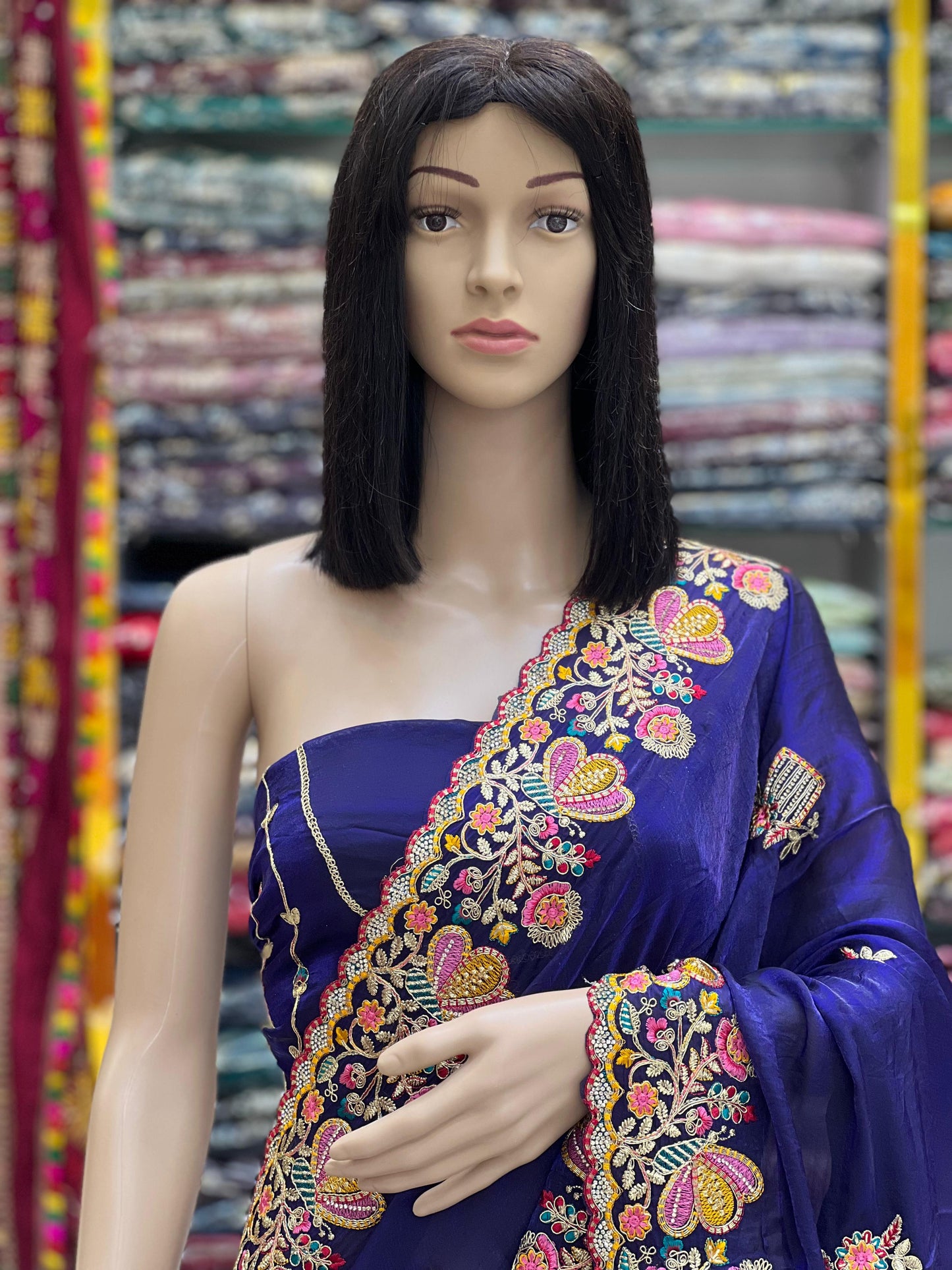 Royal Navy Blue Space Silk Embroidery Saree with Heavy Border