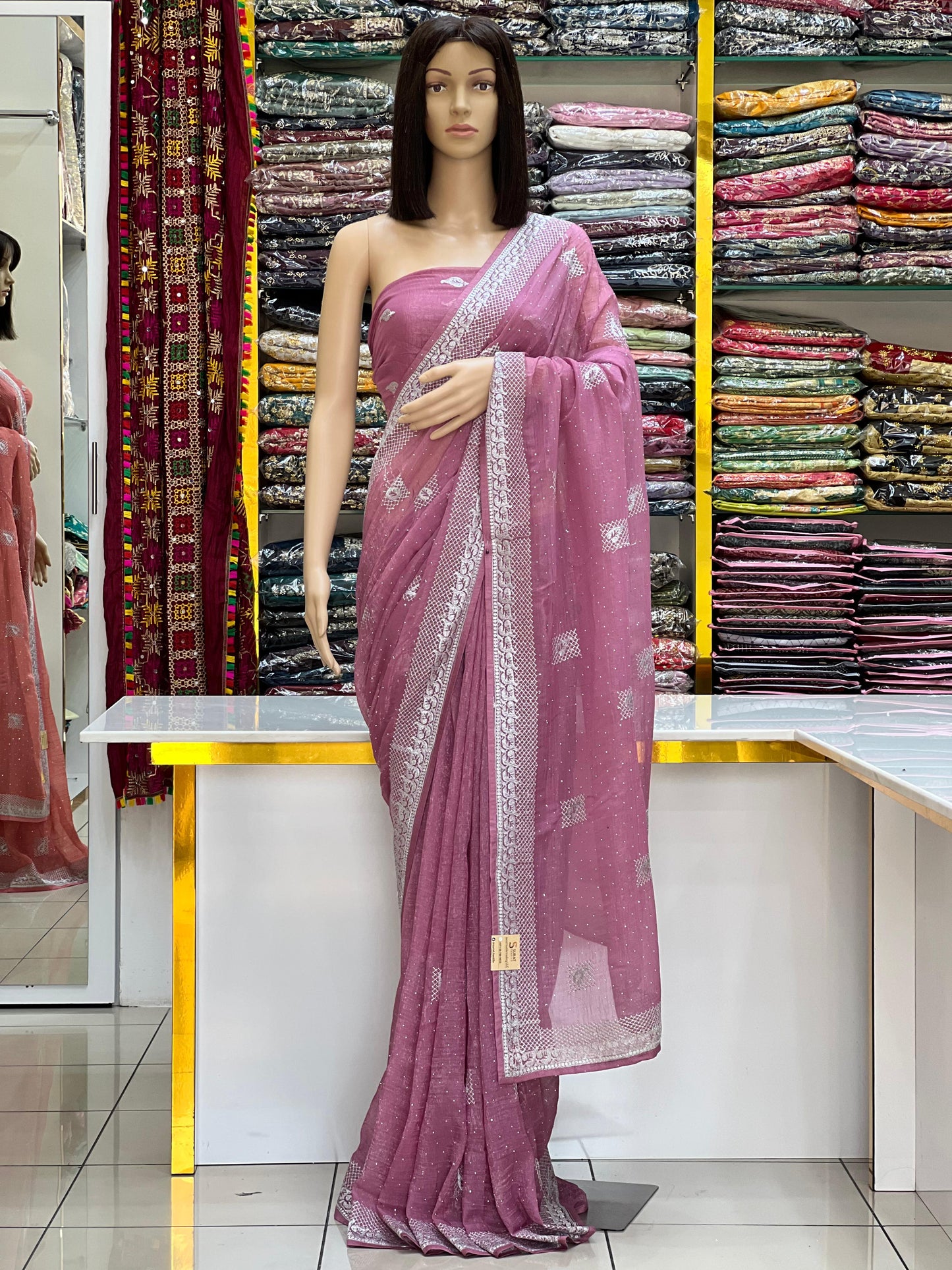 Elegant Crunchy Saree Collection with Intricate Silver Sequin & Thread Border