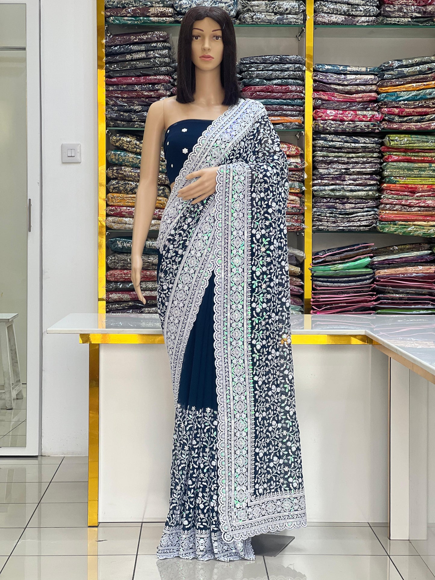Premium Georgette Heavy Lucknowi Chikankari Embroidered Saree Collection