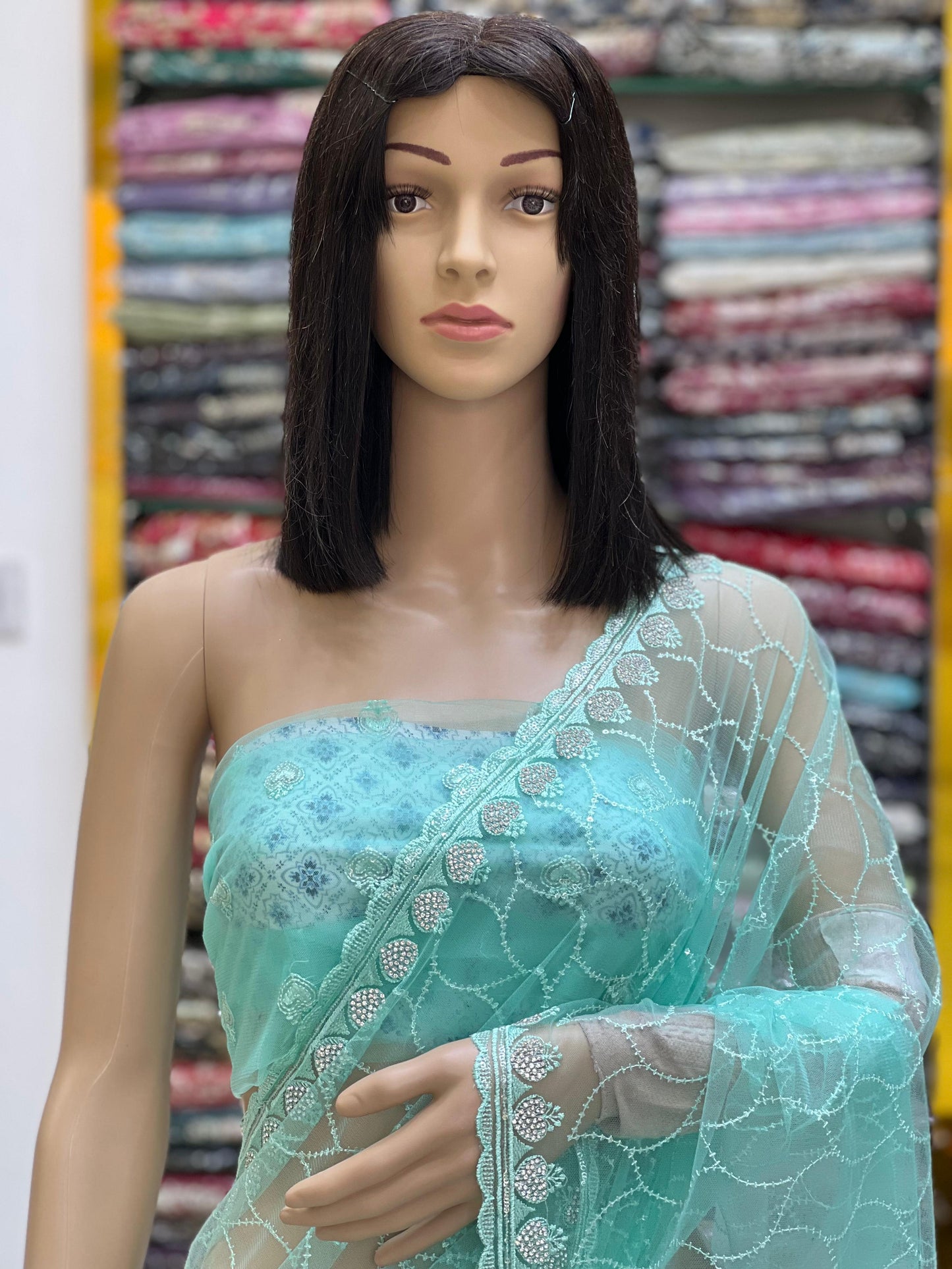 Sea Green Net Embroidered Saree with Elegant Border