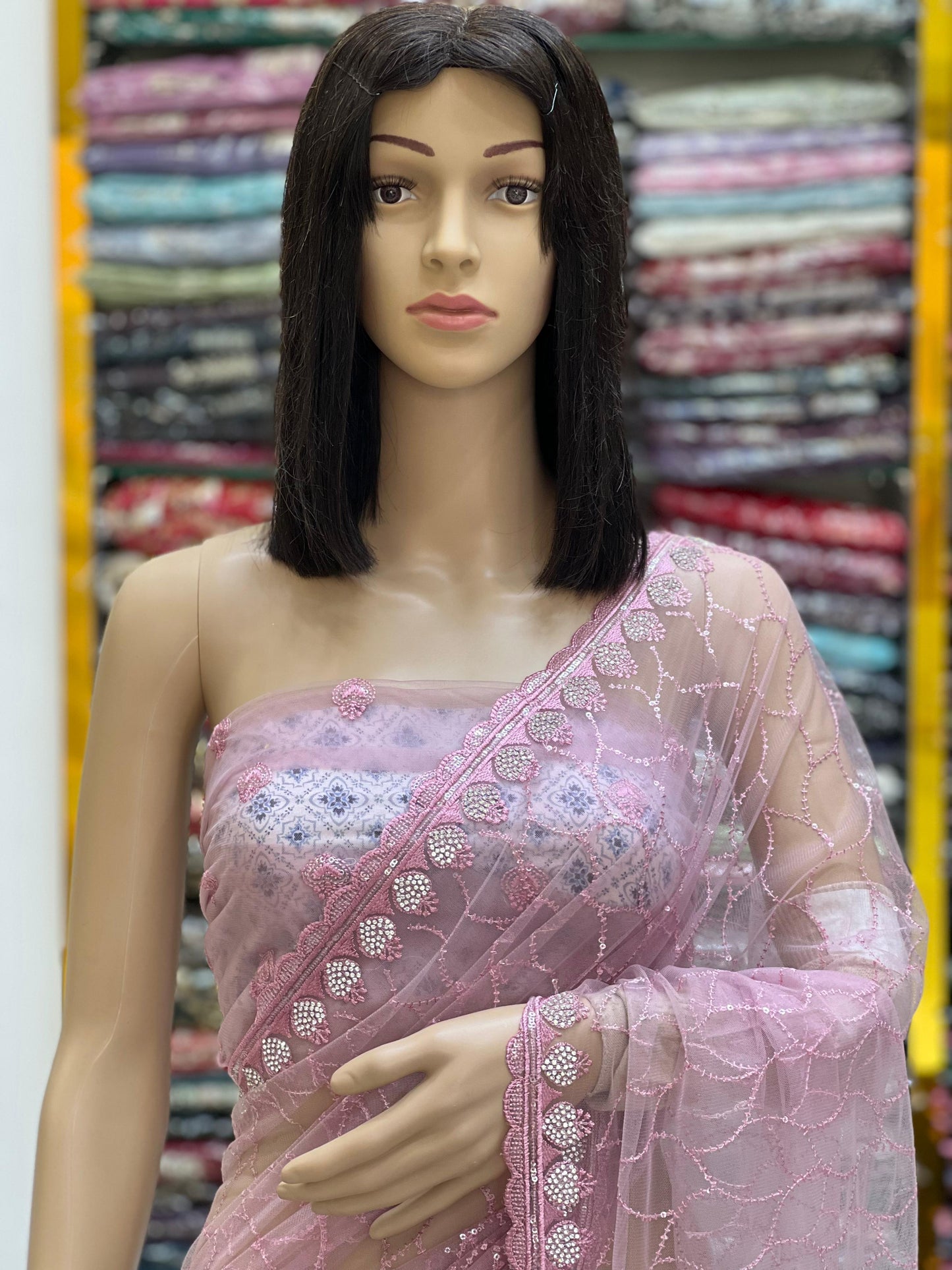 Elegant Blush Pink Net Saree with Sequins & Embroidered Border