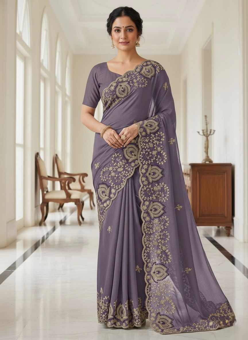 Olive Green NC Moss Fancy Fabrics Saree with Intricate Thread & Zari Embroidery