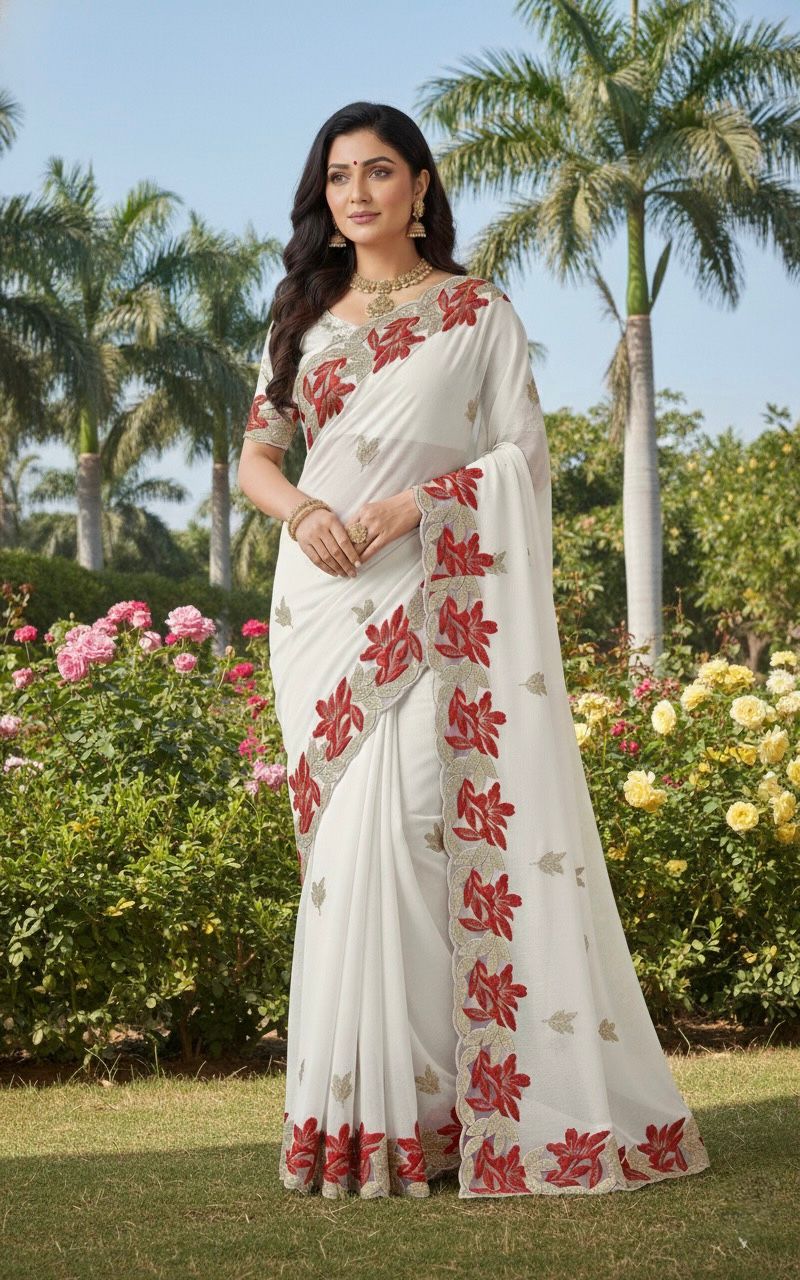 Black Georgette Saree with Red Floral Thead & Zari Embroidery Border