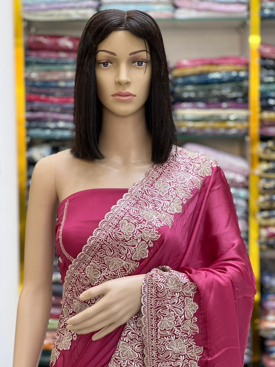 Premium Pink Soft Silk Saree with Heavy Embroidery Border
