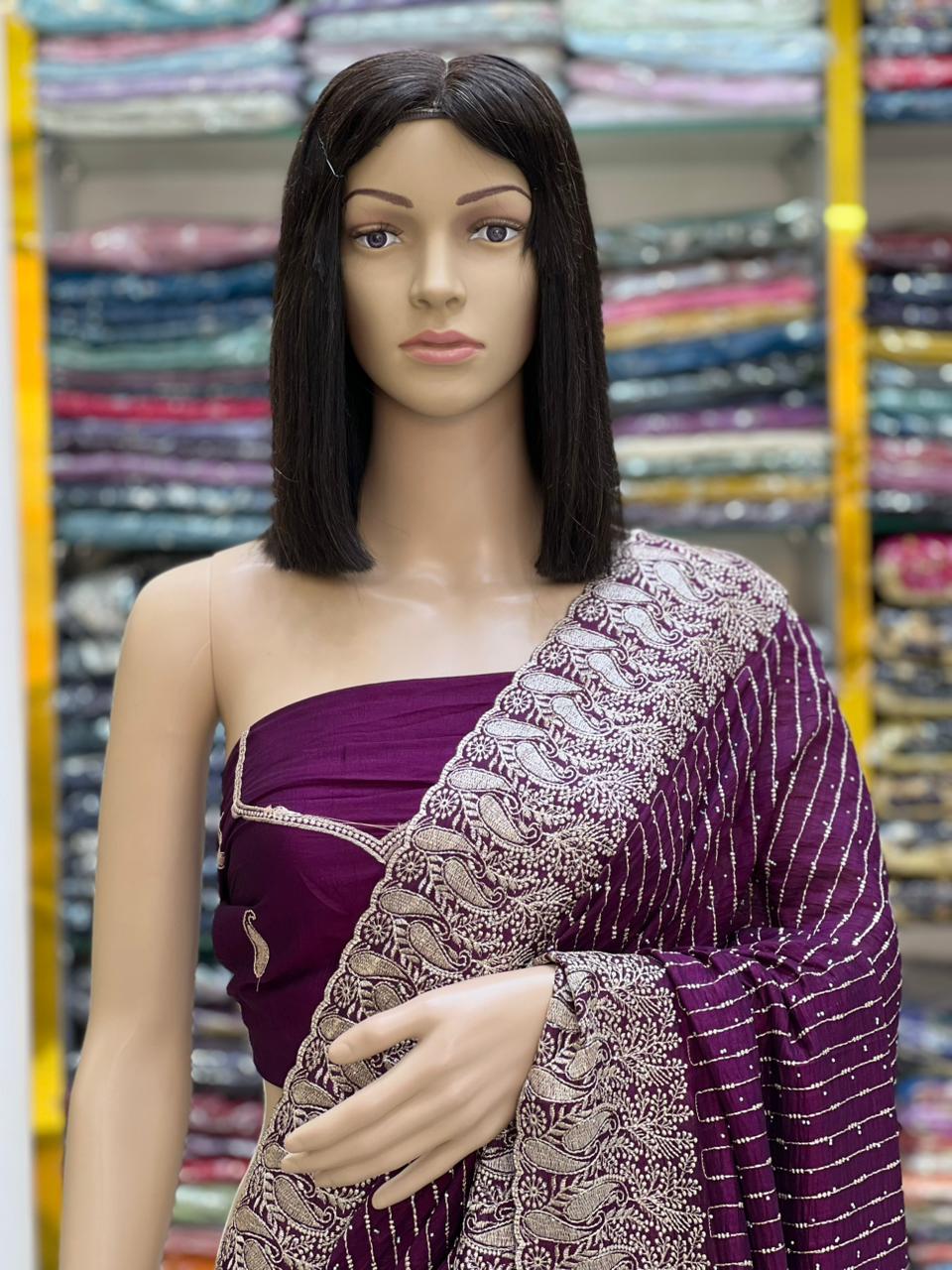 Royal Wine Vichitra Silk Saree with Rich Zari Embroidery