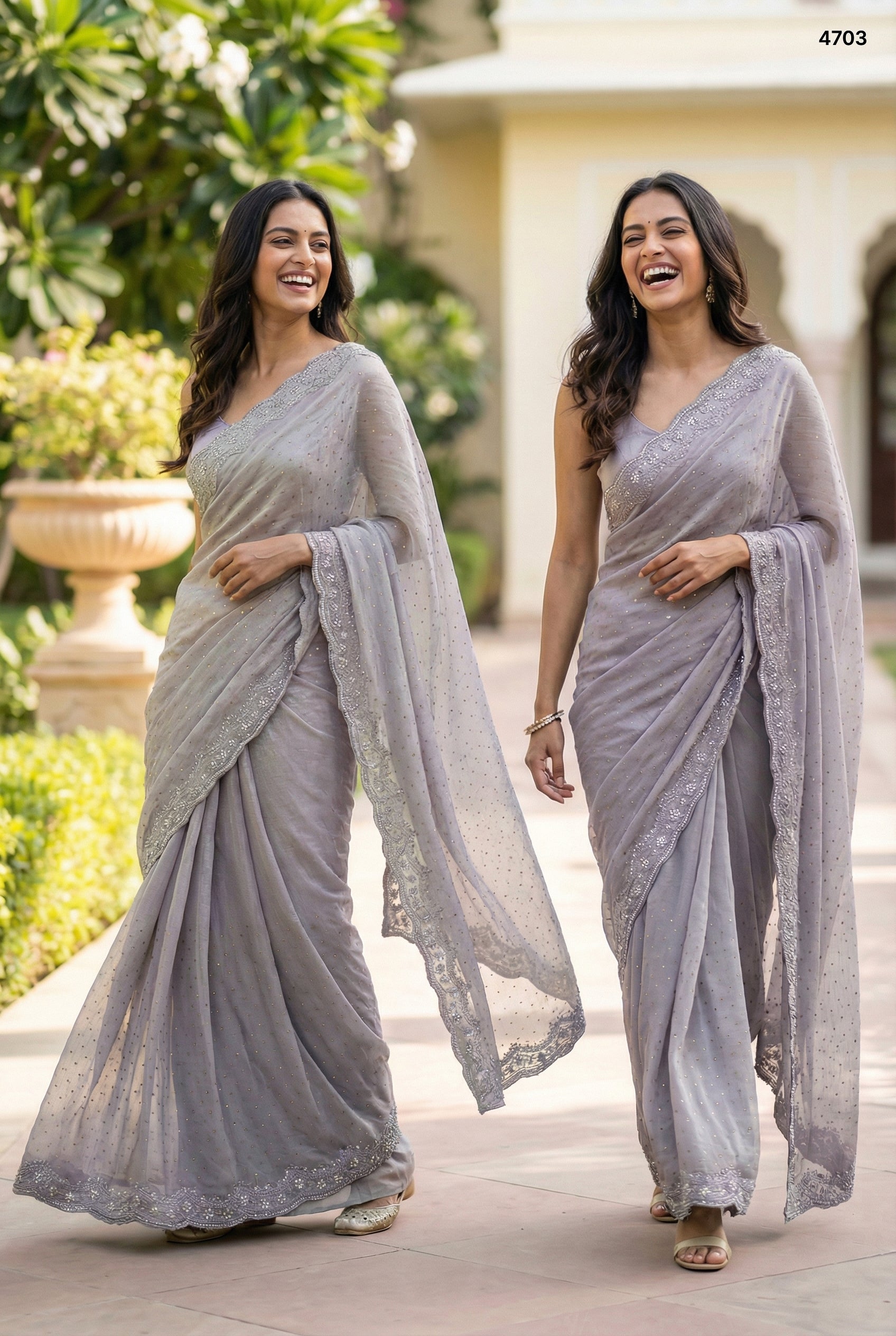 Lavender Lilac Silk Saree with Intricate Scalloped Stone Border