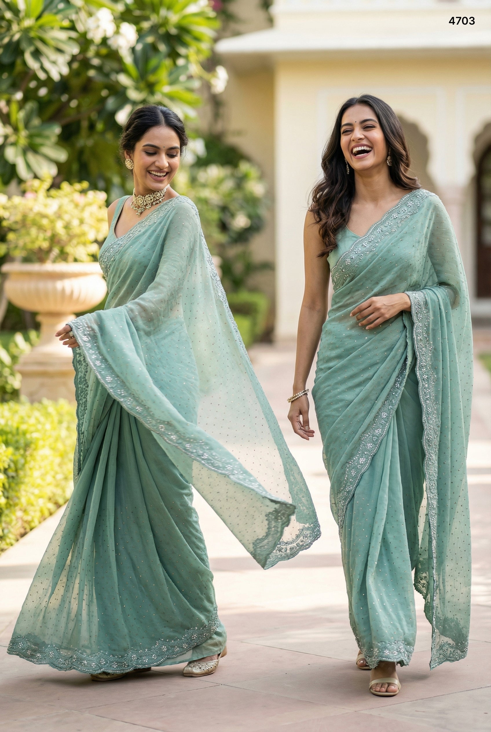 Seafoam Green Shimmer Silk Saree with Scalloped Stone Work Border