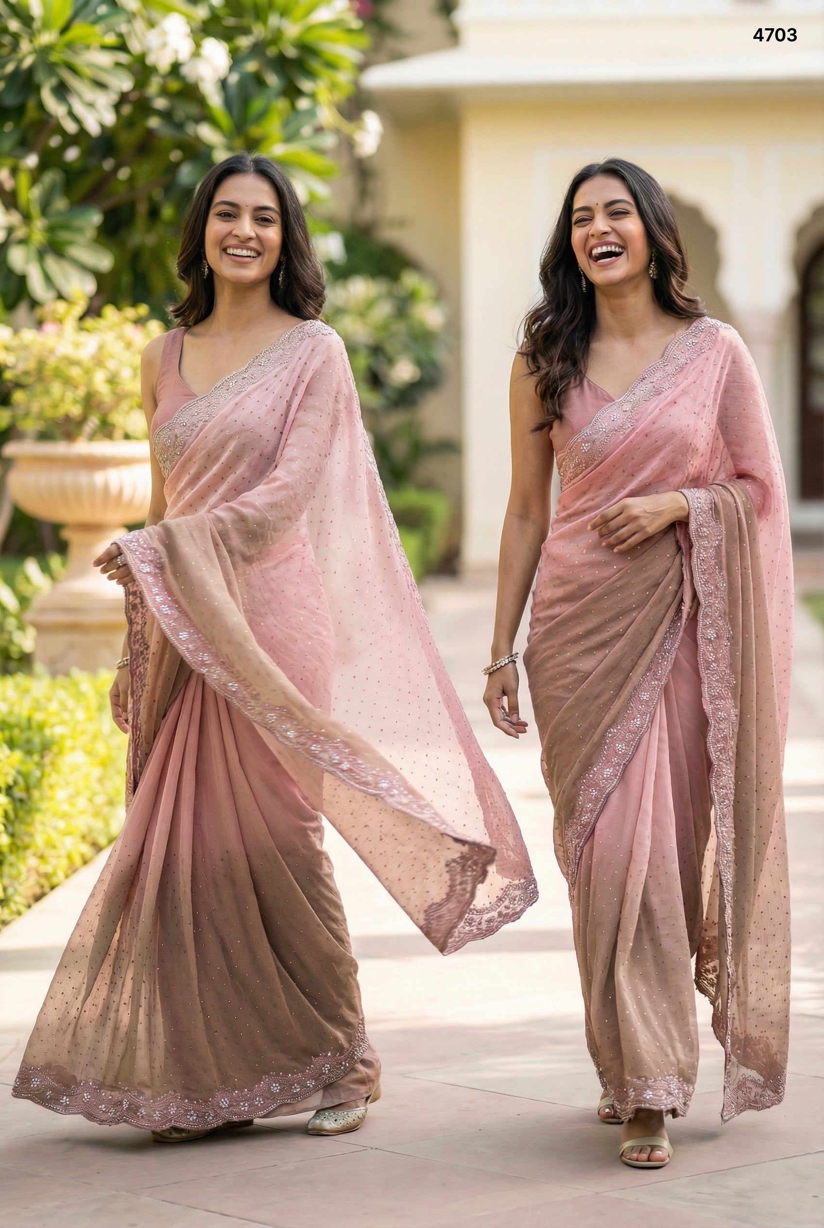 Dusty Rose Shimmer Silk Saree with Intricate Scalloped Stone Border