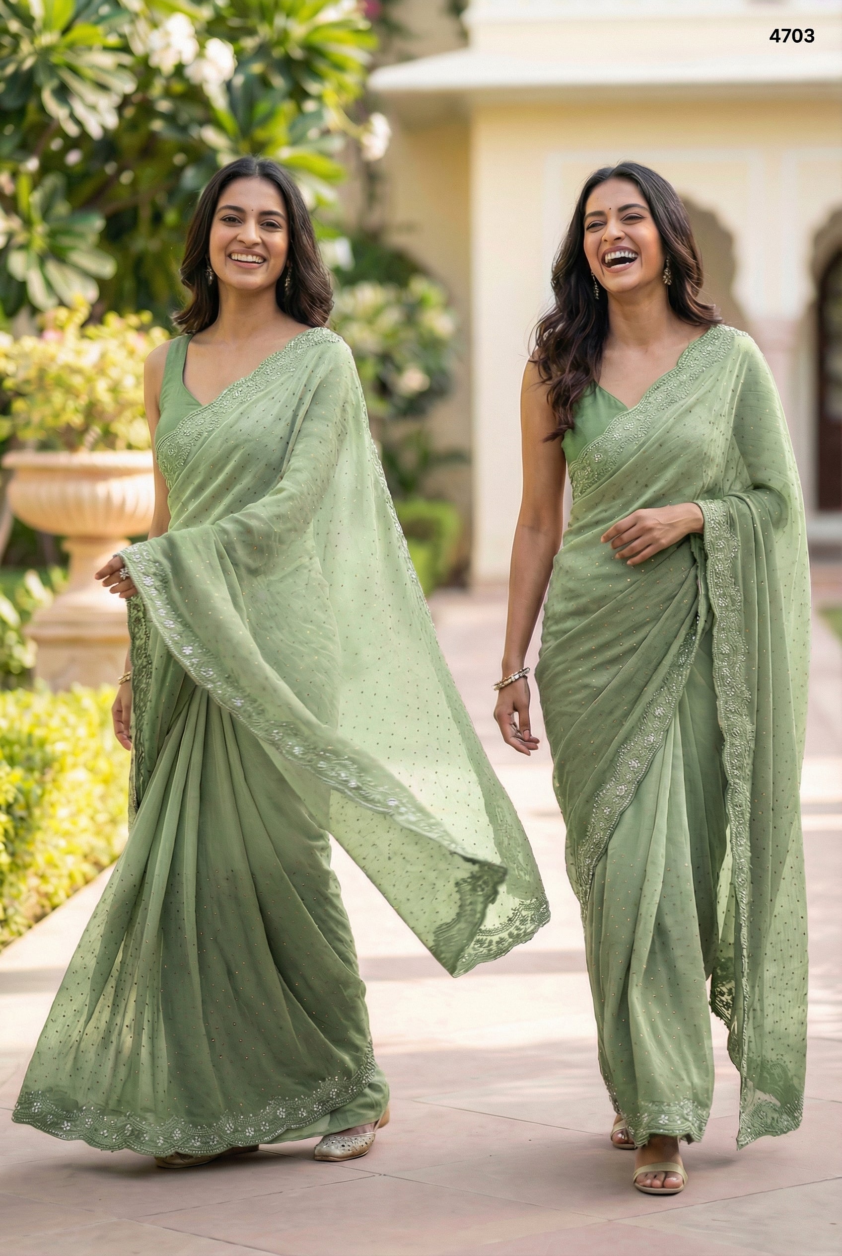 Pastel Sage Green Silk Saree with Scalloped Zari Border