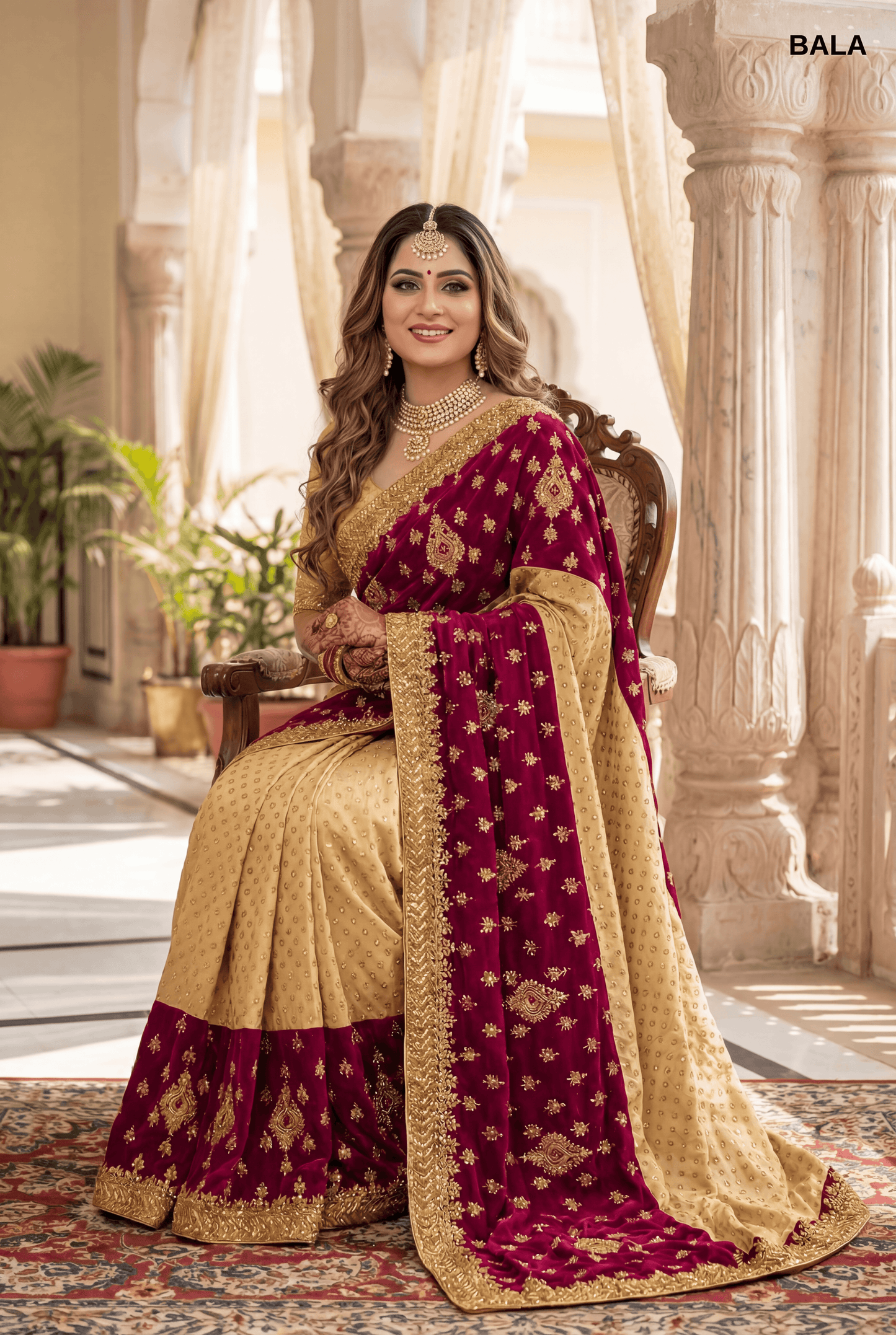 Regal Dark Pink & Champagne Gold Half-and-Half Velvet Saree