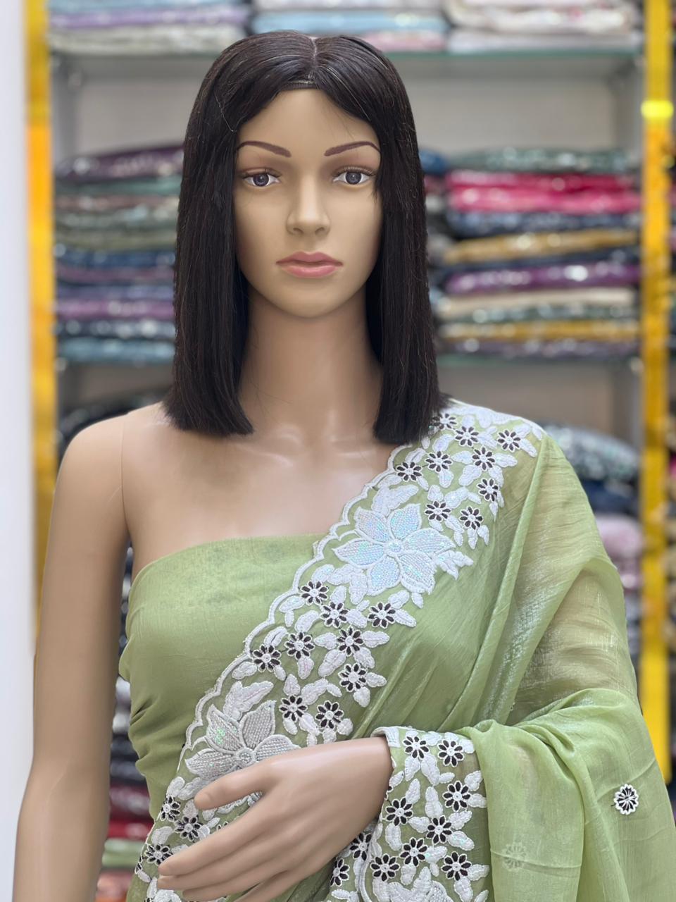 Sea Green Crunchy Chiffon Saree with Elegant Floral Embroidery Border