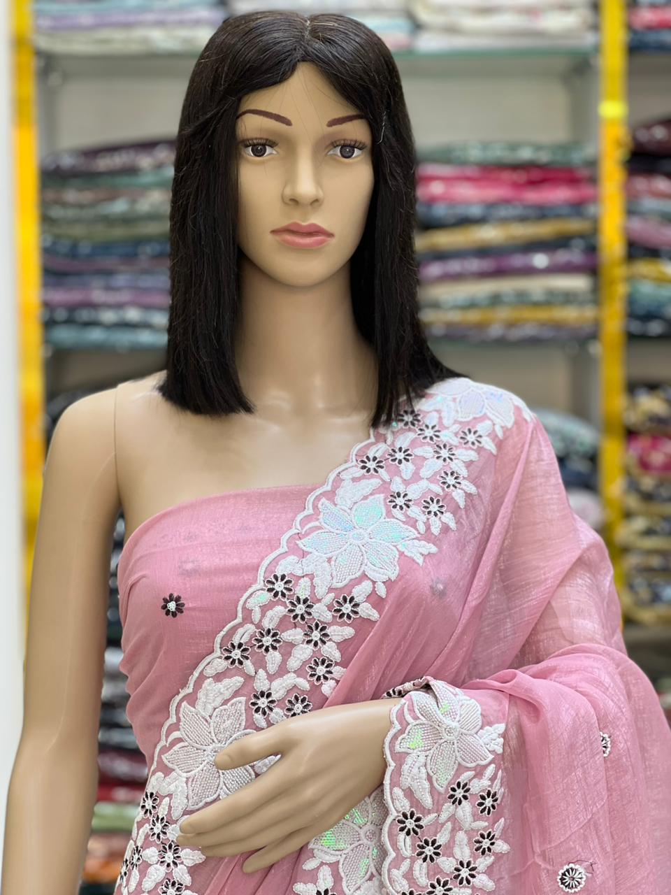 Elegant Pastel Peach Chiffon Saree with Floral Embroidery Border
