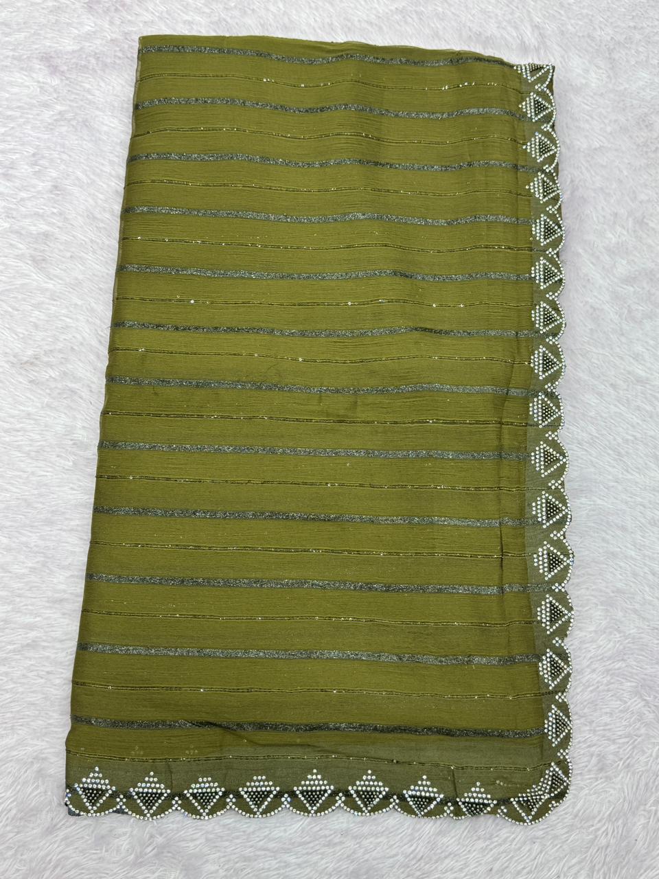 Premium Moss Fabric Saree with Zarkan Stone & Moti Handwork – Elegant Party & Occasion Wear