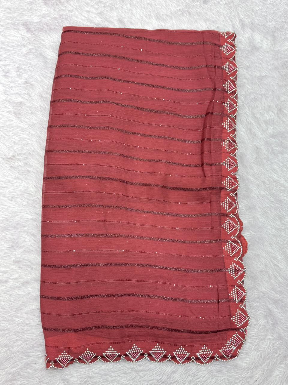 Premium Maroon Moss Saree with Zarkan Stone & Moti Work – Elegant Party & Festive Wear