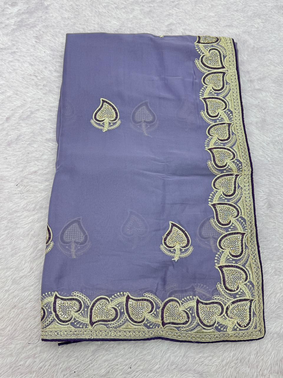 Elegant Lavender Grey Rangoli Silk Saree with Golden Heart Motif Border