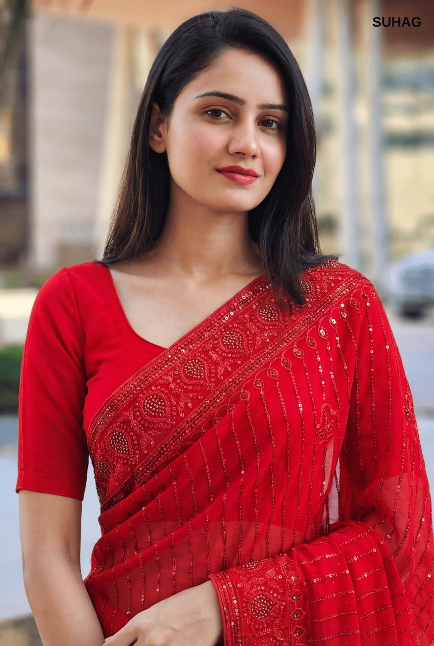 Elegant Red Georgette Saree with Sequin & Stone Work