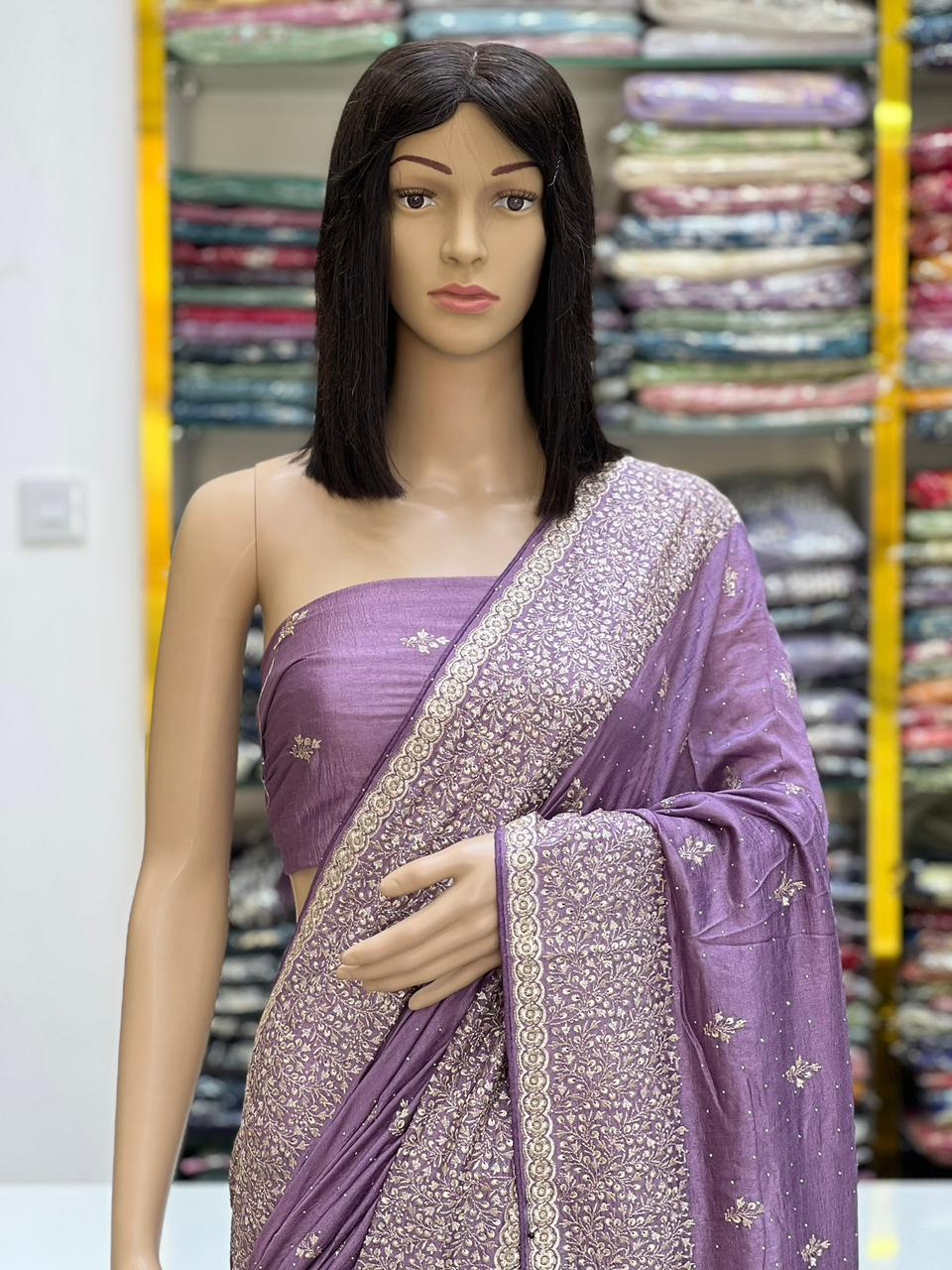 Elegant Purple Vichitra Silk Saree with Silver Zari Embroidery & Stone Work