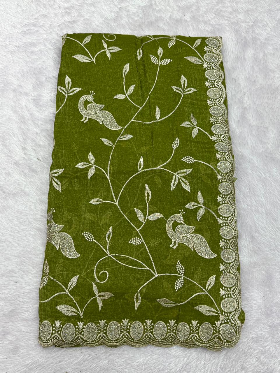 Premium Olive Green Embroidered Designer Saree