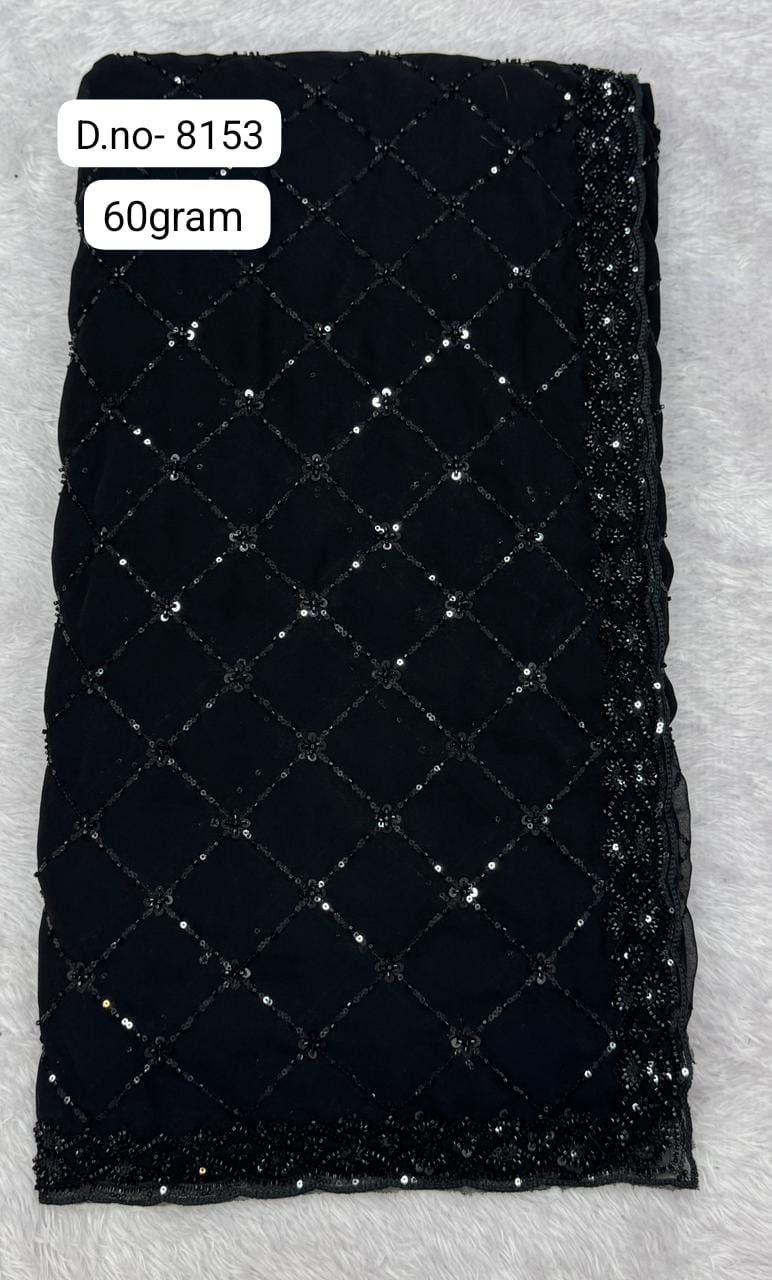 Black Georgette Saree with Real Beads & Sequin Work | Designer Party Wear Saree