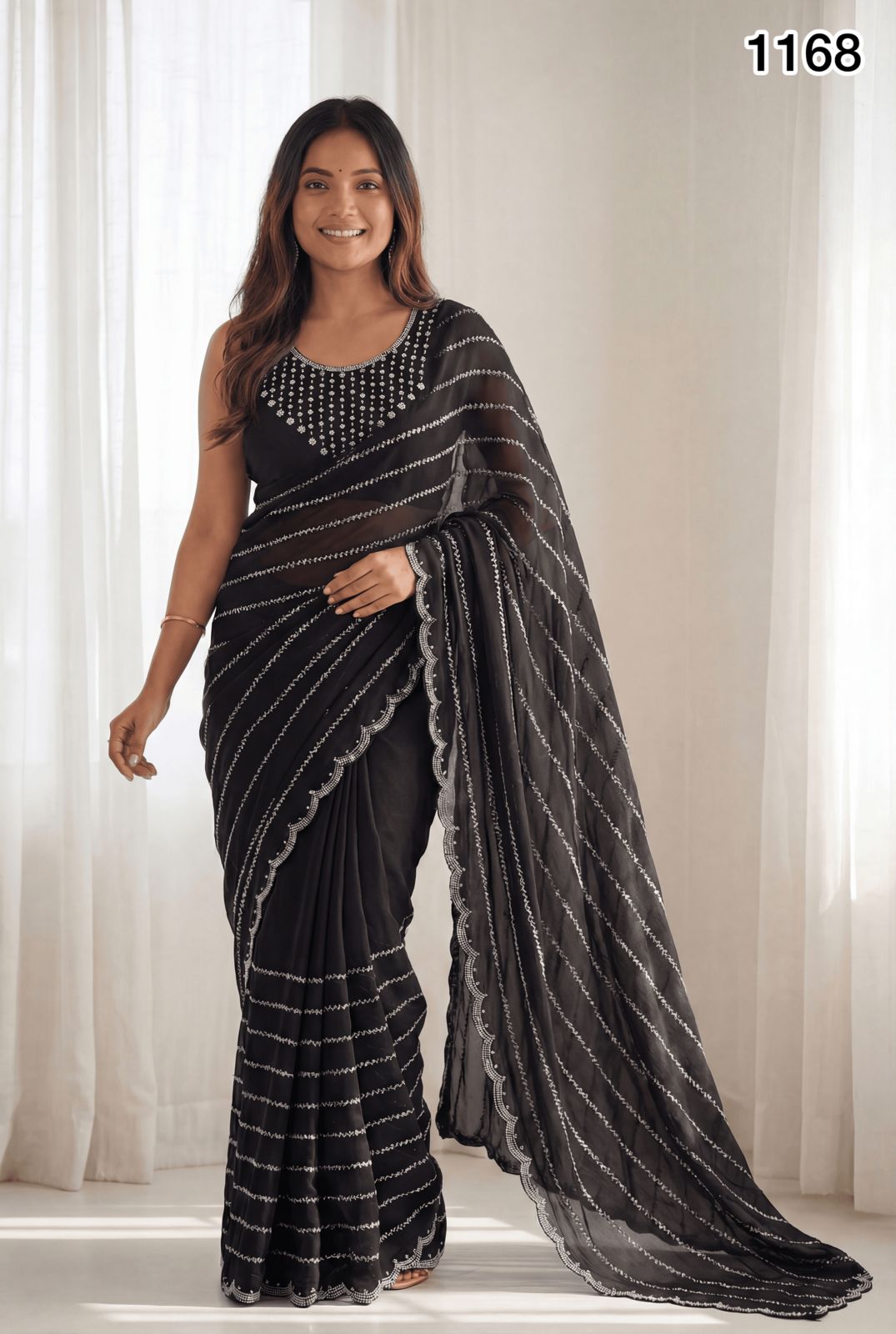 Elegant BlackSatin Chiffon Saree with Swarovski Stone Work