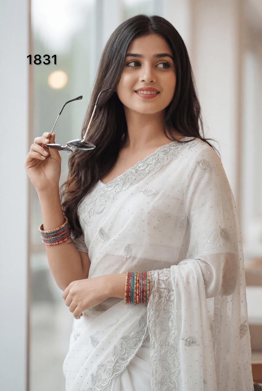 Elegant Pure White Georgette Saree with Silver Embroidery & Stone Work