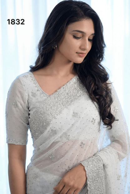 Elegant Pure White Georgette Saree with Silver Embroidery & Stone Work