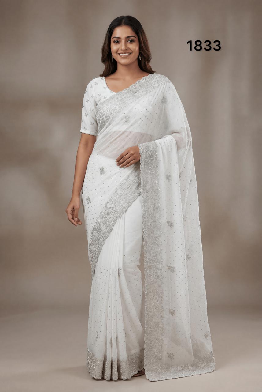Elegant Pure White Georgette Saree with Silver Embroidery & Stone Work