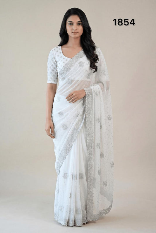 Elegant White Georgette Saree with Silver Embroidery & Stone Work