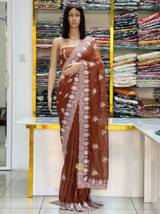 Elegant Copper Brown Georgette Saree with Shine Coating & White Embroidery