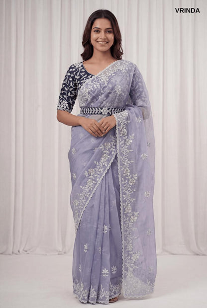 Premium Lilac Organza Saree with Ready-Made Blouse & Embroidered Designer Belt