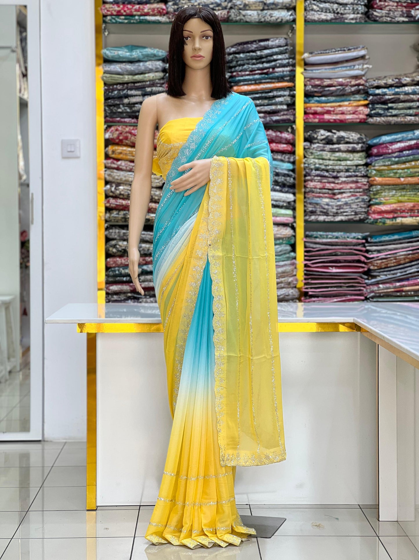 Elegant Yellow & Aqua Ombre Saree with Silver Border