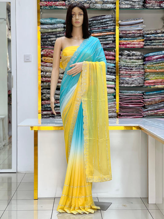 Elegant Yellow & Aqua Ombre Saree with Silver Border