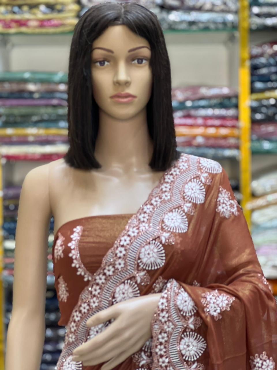 Elegant Copper Brown Georgette Saree with Shine Coating & White Embroidery