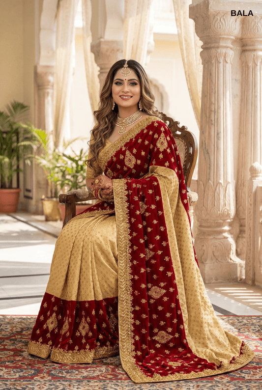 Royal Red & Gold Embroidered Velvet Bridal Saree