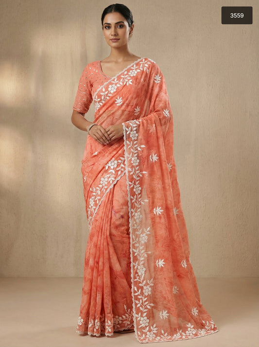 Elegant Coral WhiteThread Floral Embroidery Embroidered Chiffon Saree