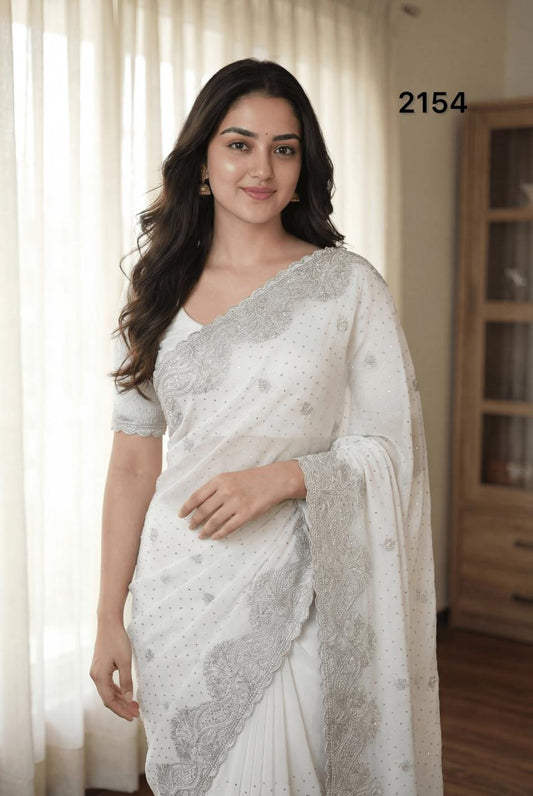 Elegant White Georgette Saree with Silver Embroidery & Stone Work