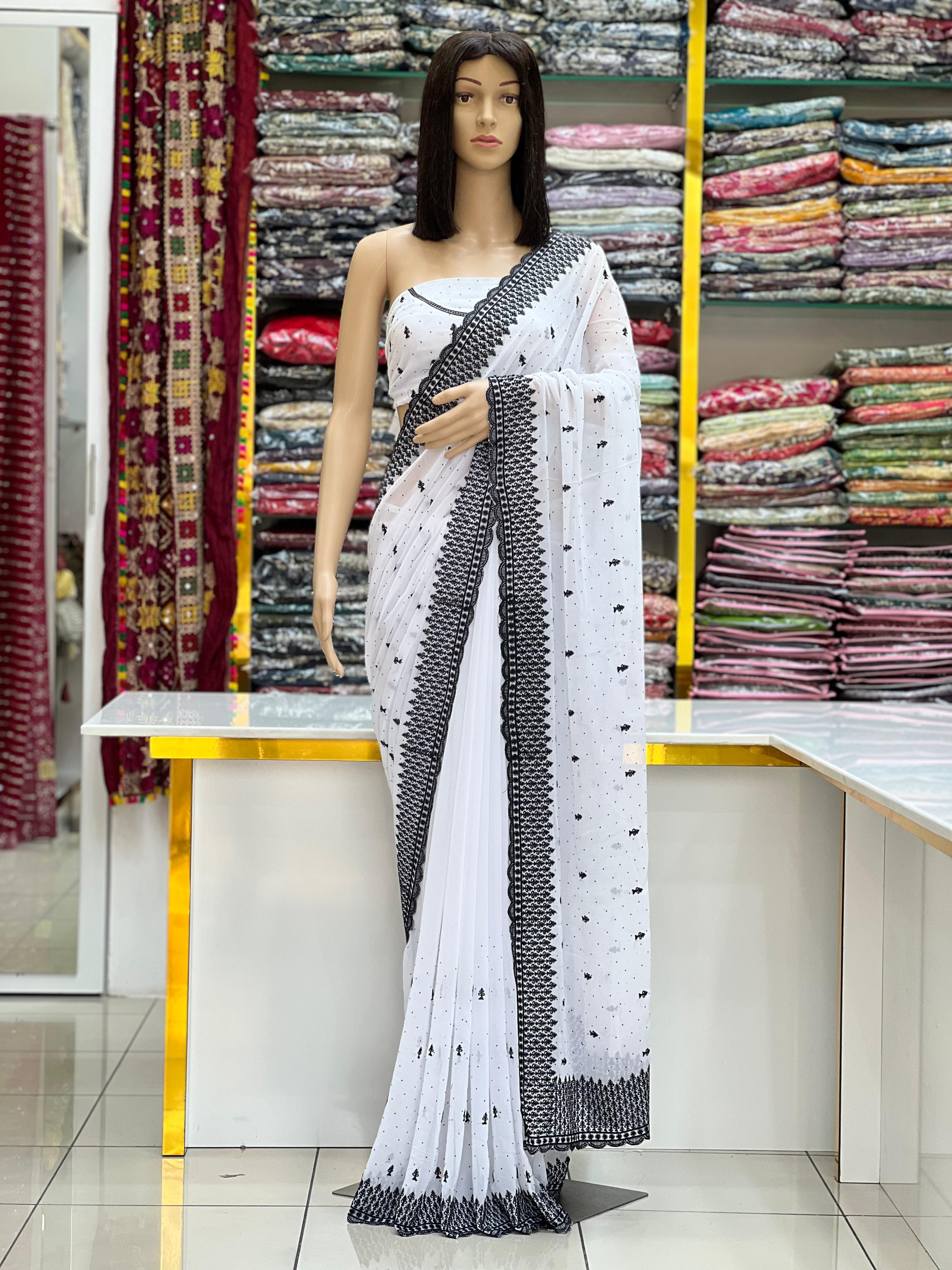White Georgette Saree with Black Thread Embroidery & Contrast Border