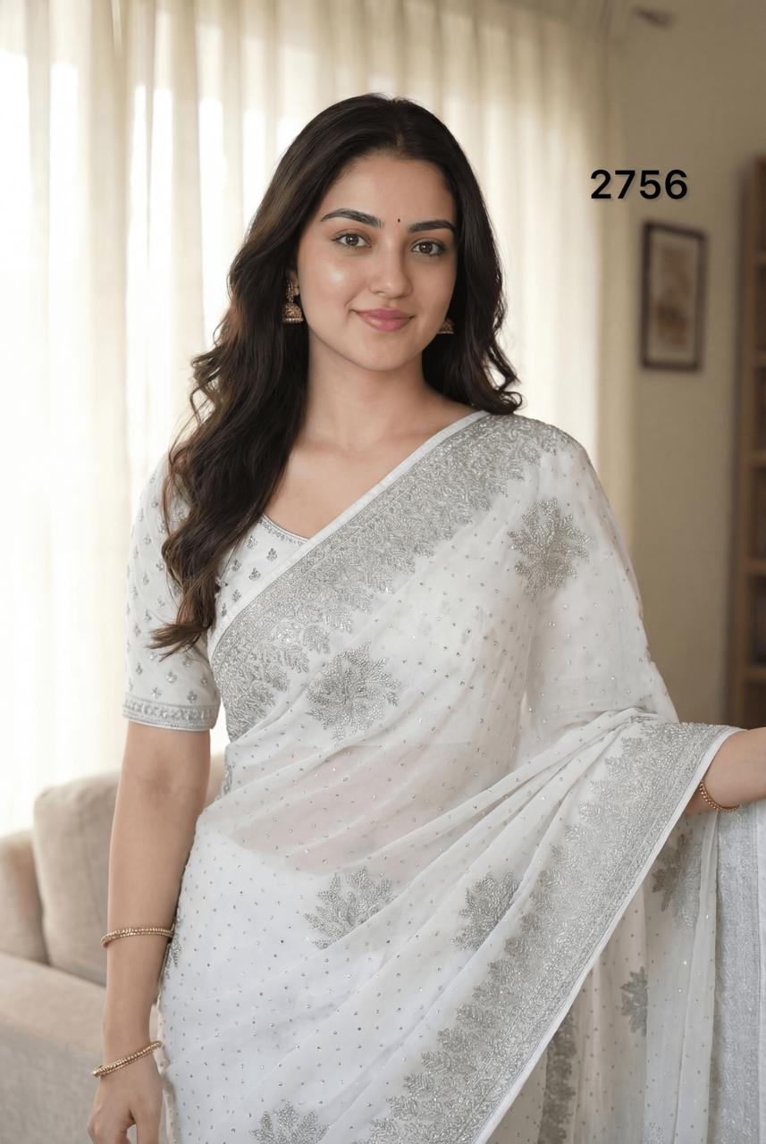 Elegant Pure White Georgette Saree with Silver Embroidery & Stone Work